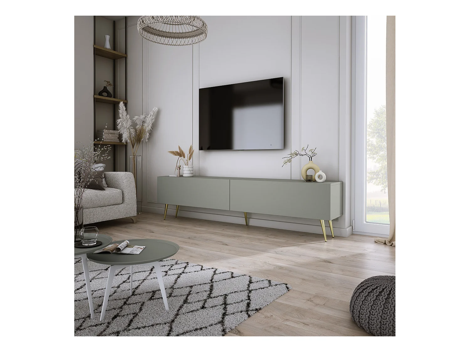 Meuble TV : Aloès, 170 x 52 x 32 cm, pieds dorées