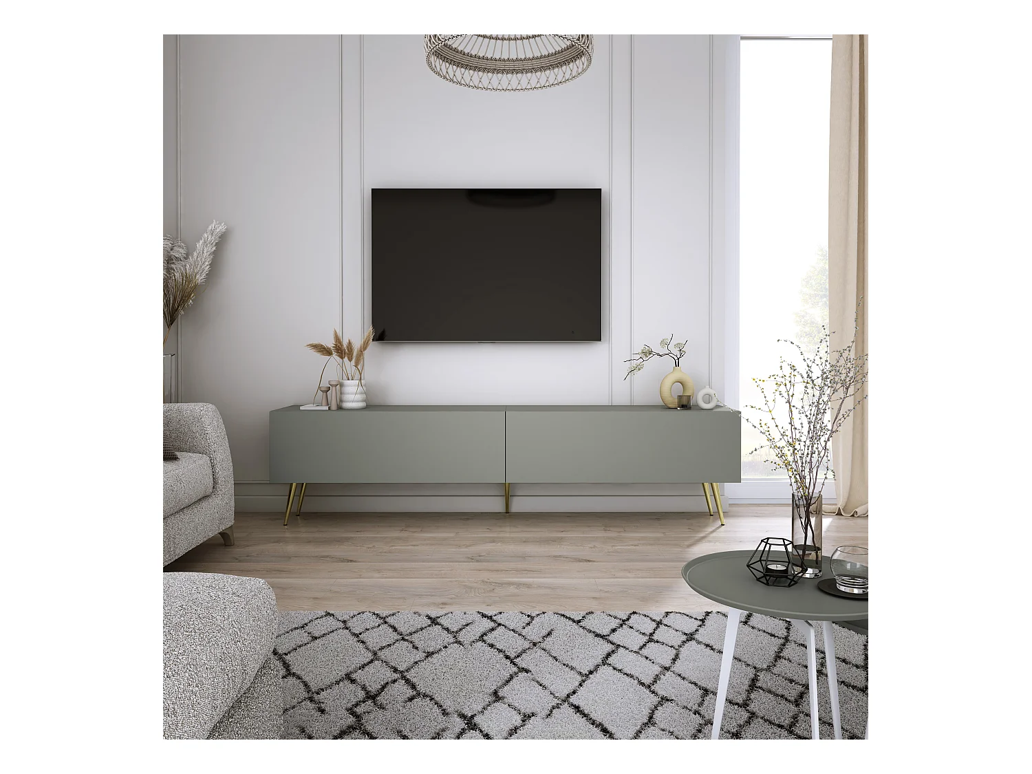 Meuble TV : Aloès, 170 x 52 x 32 cm, pieds dorées