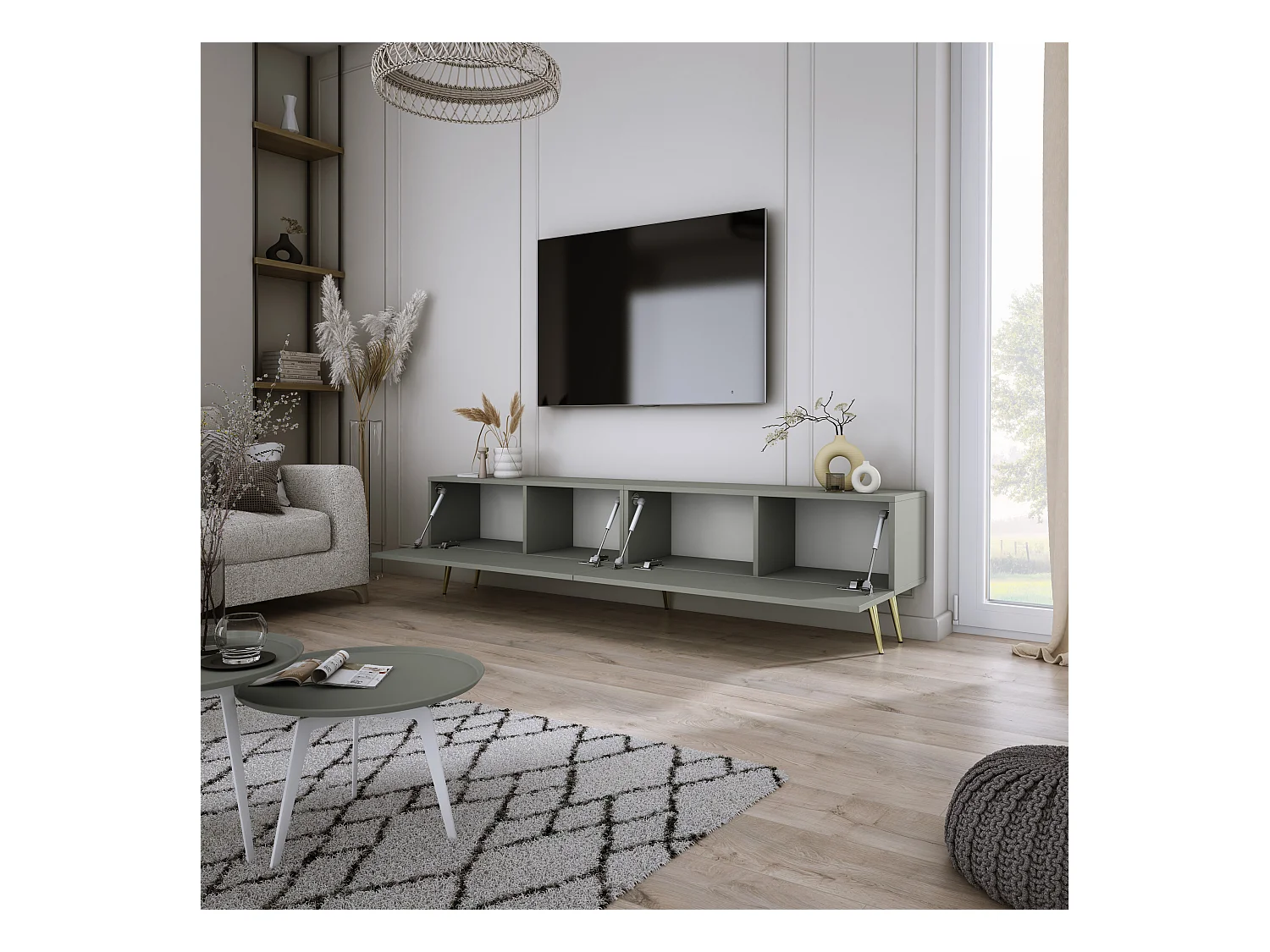 Meuble TV : Aloès, 170 x 52 x 32 cm, pieds dorées