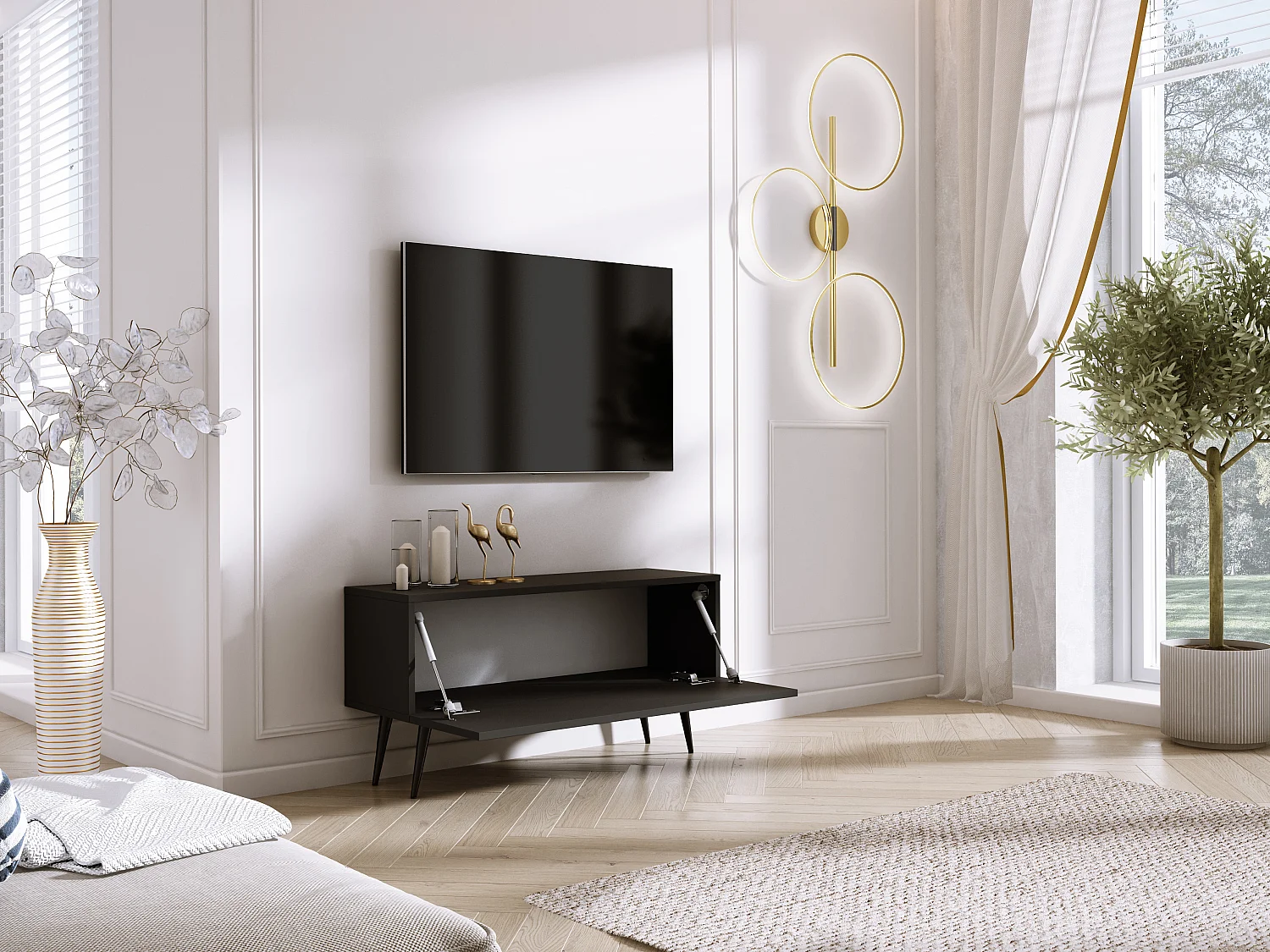 Meuble TV : Noir Mat/Noir Brillant, pieds noires, 100 x 52 x 32 cm