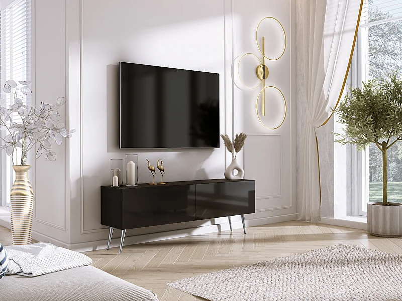 TV-meubel: Mat Zwart/Glanzend Zwart, Chromen poten, 140 x 52 x 32 cm