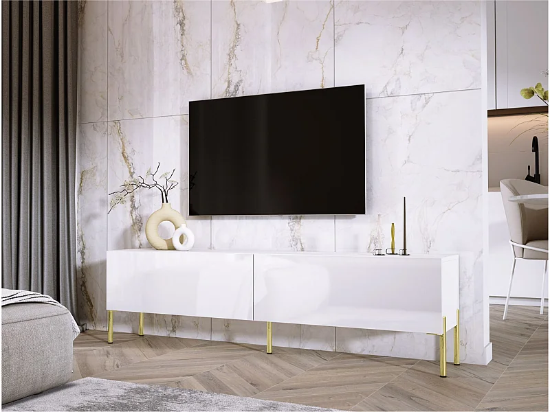Meuble TV : Blanc Mat / Blanc Brillant, pieds dorées, 170 x 52 x 32 cm