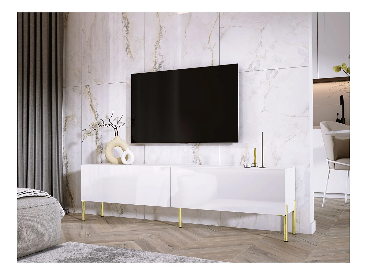 Meuble TV : Blanc Mat / Blanc Brillant, pieds dorées, 170 x 52 x 32 cm