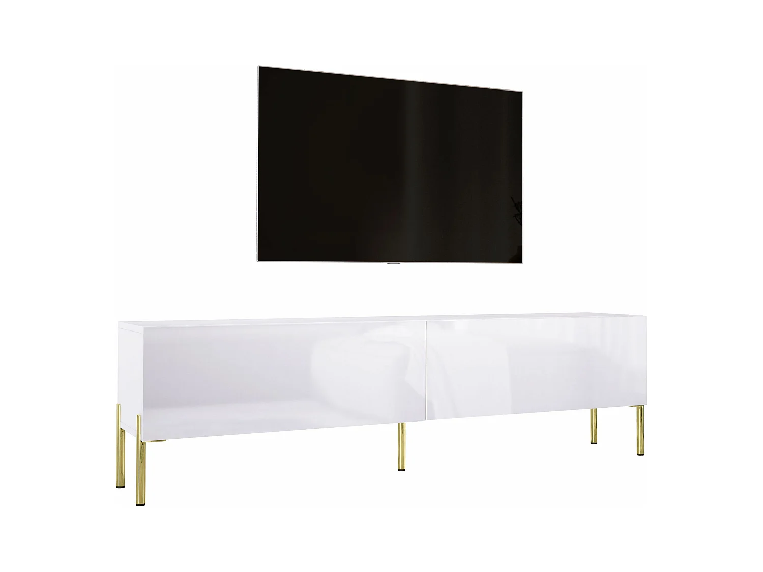 Meuble TV : Blanc Mat / Blanc Brillant, pieds dorées, 170 x 52 x 32 cm
