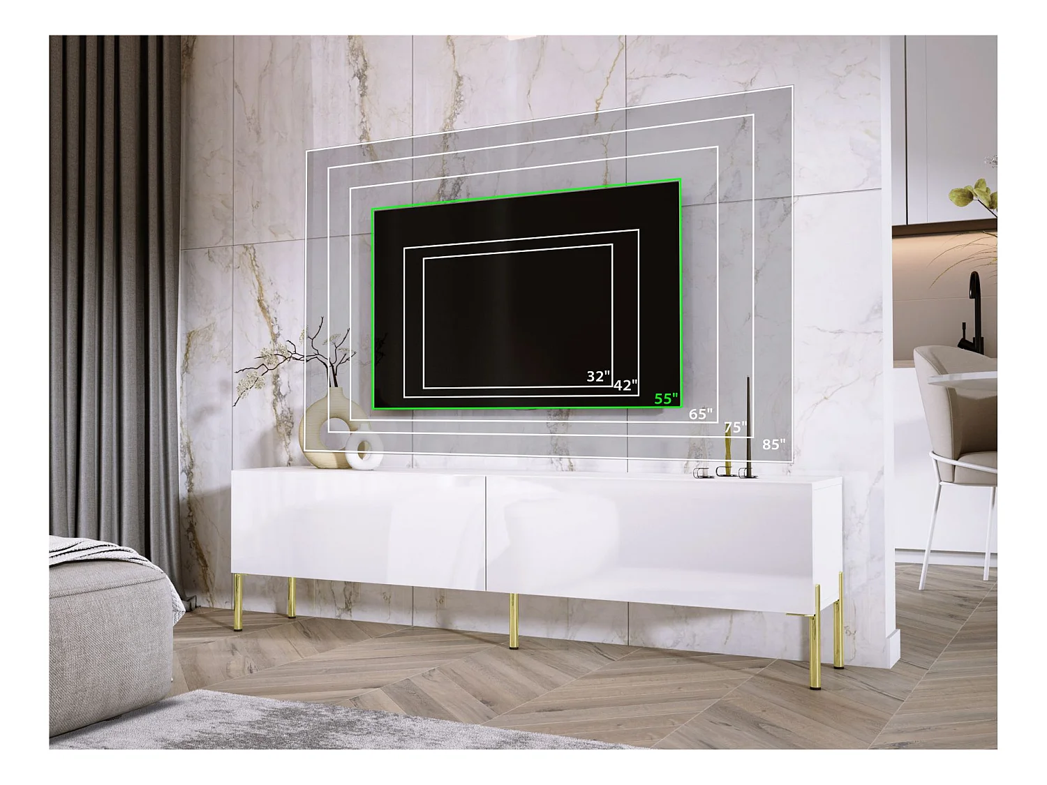 Meuble TV : Blanc Mat / Blanc Brillant, pieds dorées, 170 x 52 x 32 cm