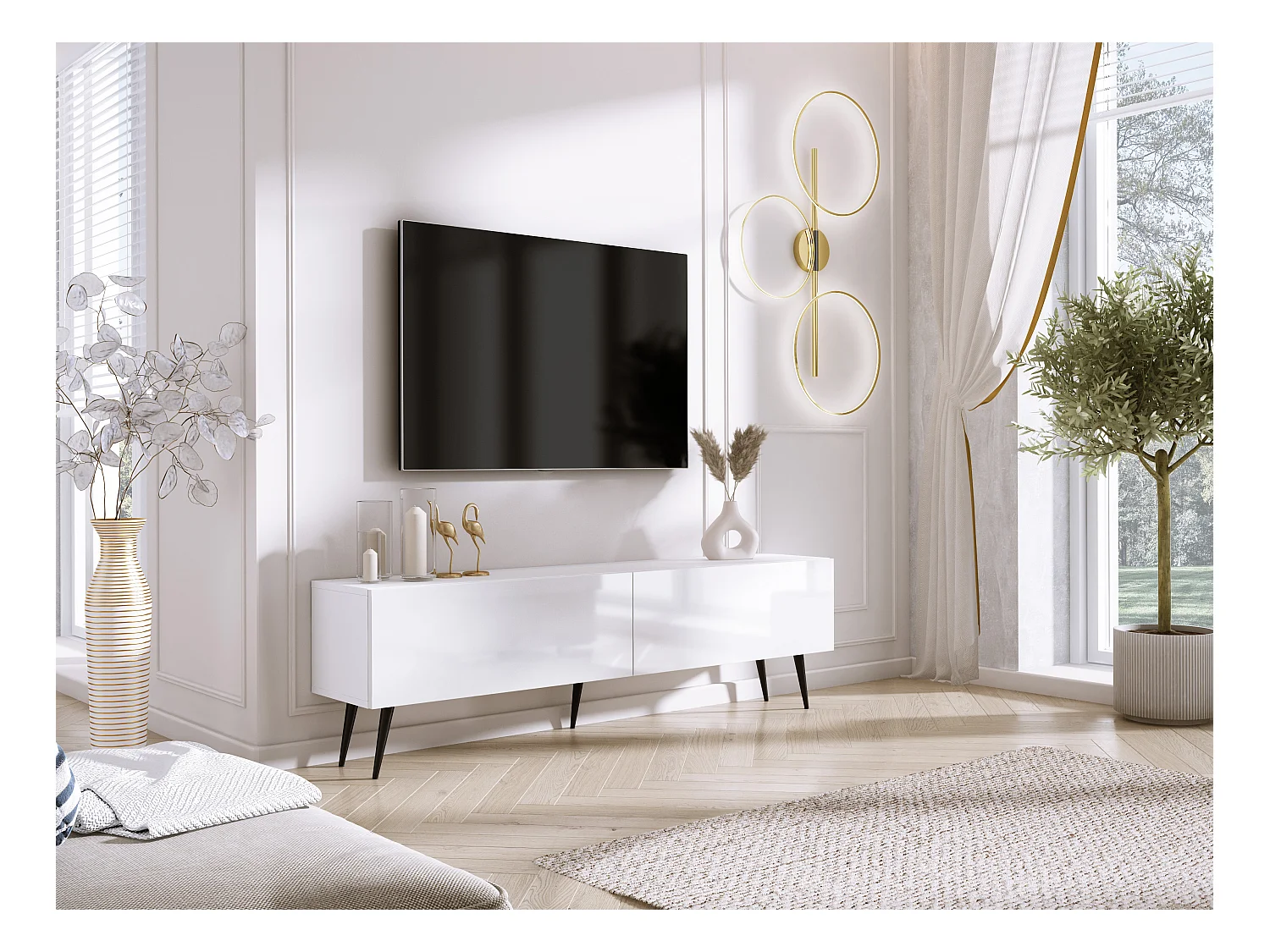 Meuble TV : Blanc Mat / Blanc Brillant, pieds noires, 170 x 52 x 32 cm