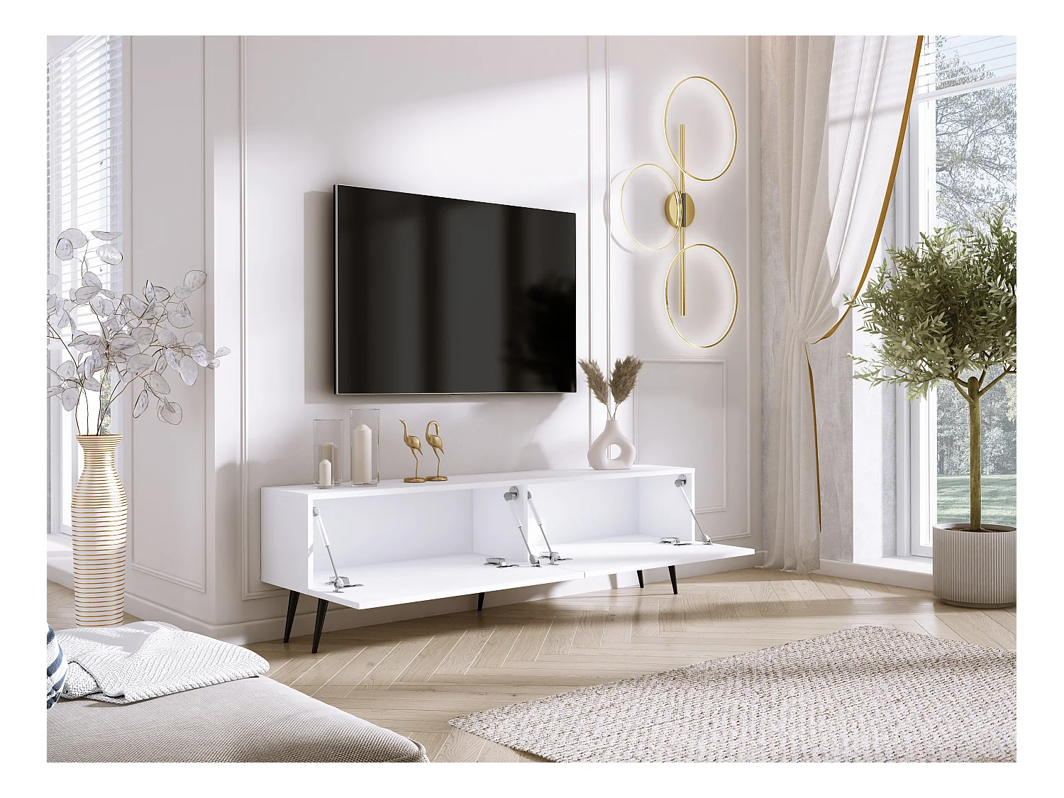 Meuble TV : Blanc Mat / Blanc Brillant, pieds noires, 170 x 52 x 32 cm