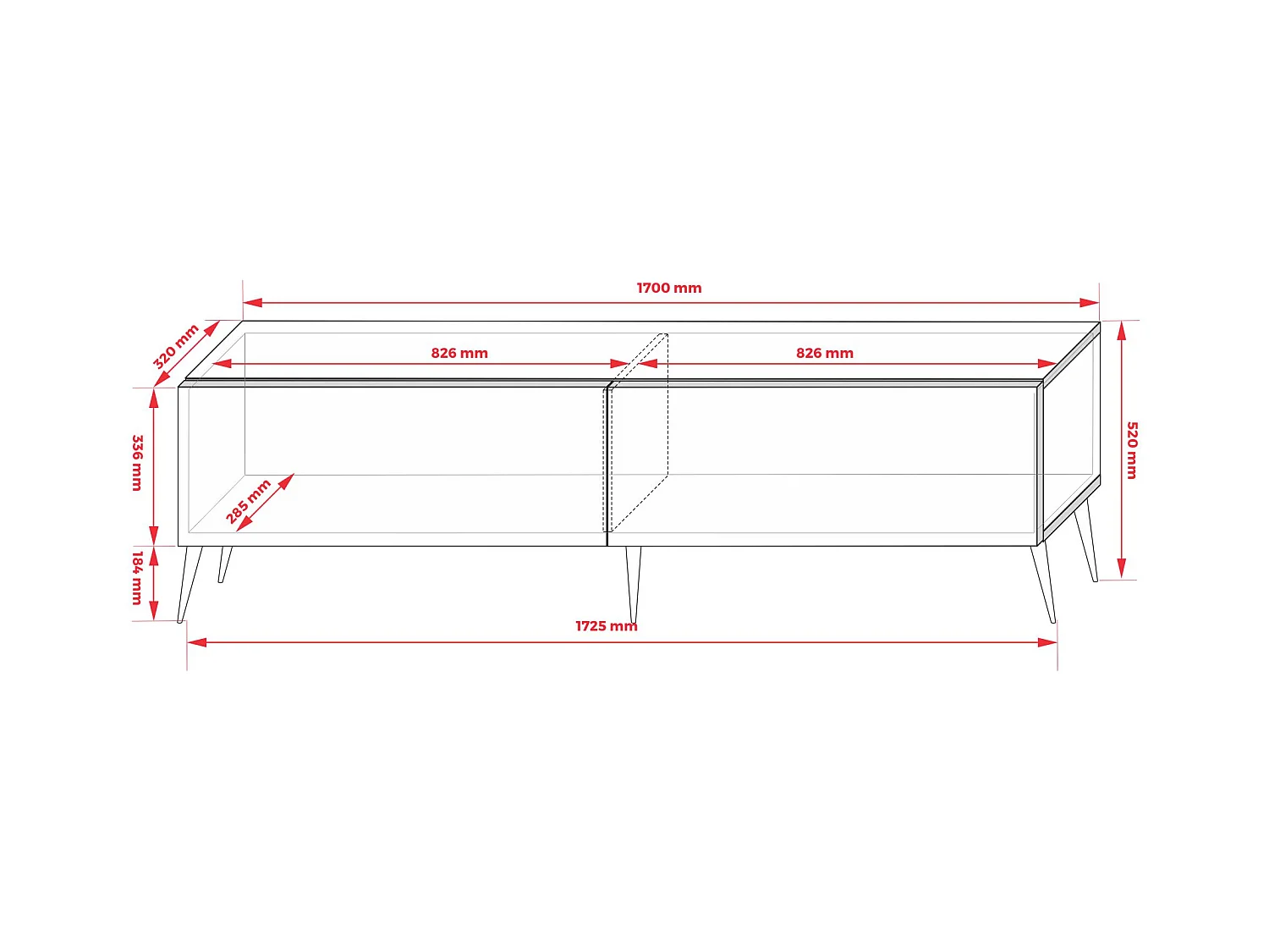 Meuble TV : Blanc Mat / Blanc Brillant, pieds noires, 170 x 52 x 32 cm