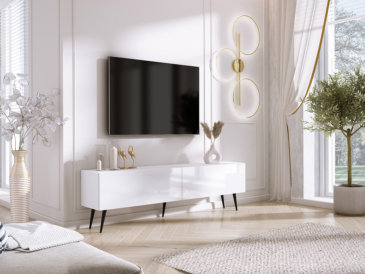 Uniheim Mobile TV Bianco Con Armadio In Vetro E Luci LED – Centro Intrattenimento Moderno - 4