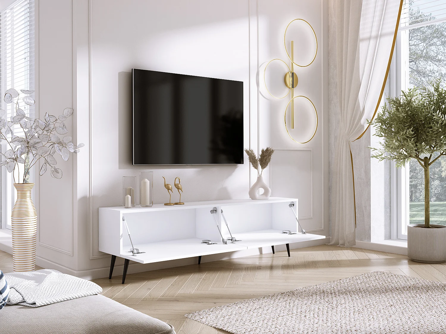 TV-Schrank: Mattweiß / Hochglanzweiß, schwarze Beine, 170 x 52 x 32 cm