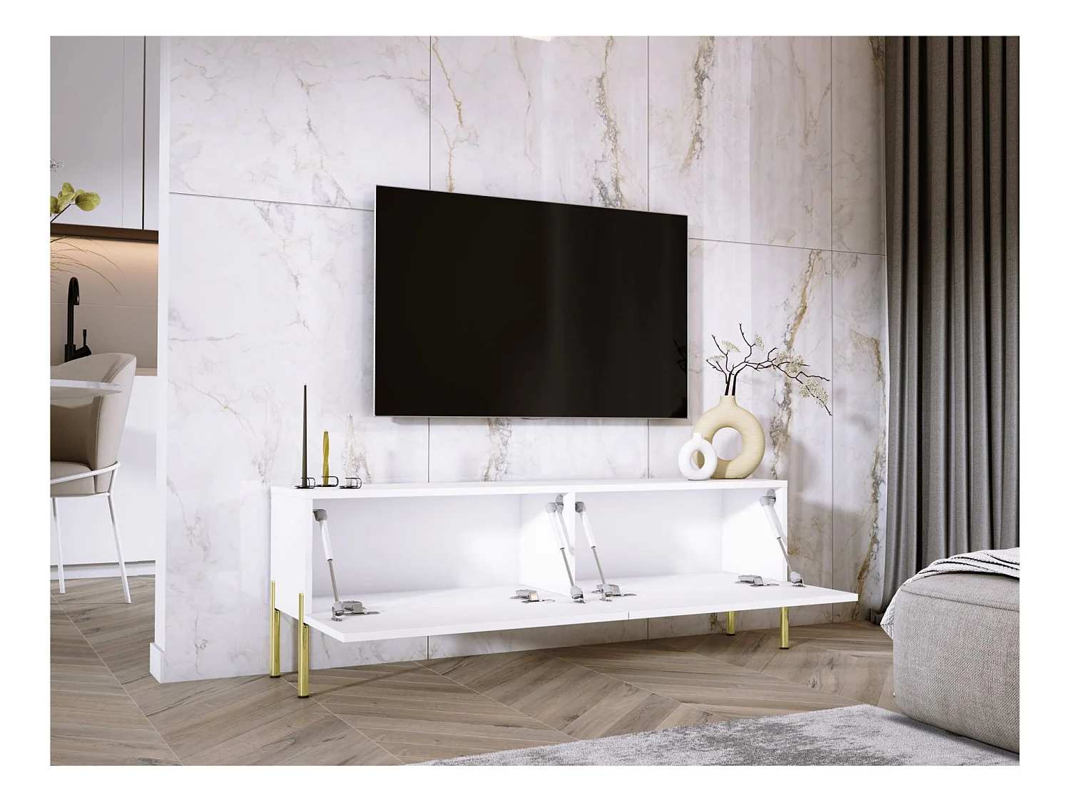 Mobile TV: Bianco Opaco / Bianco Lucido, gambe dorate, 140 x 52 x 32 cm