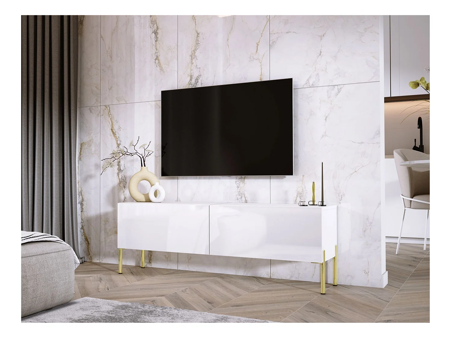 TV-Schrank: Mattweiß / Hochglanzweiß, goldene Beine, 140 x 52 x 32 cm