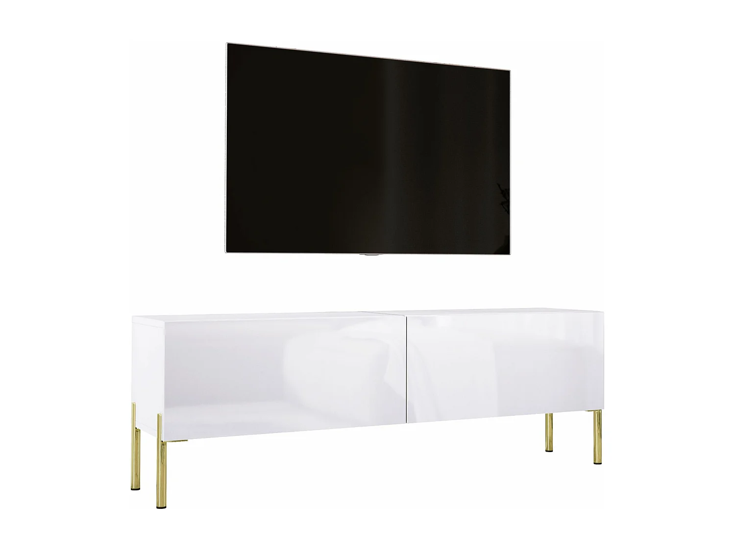 Szafka RTV: Biały Matowy / Biały Błyszczący, złote nogi, 140 x 52 x 32 cm