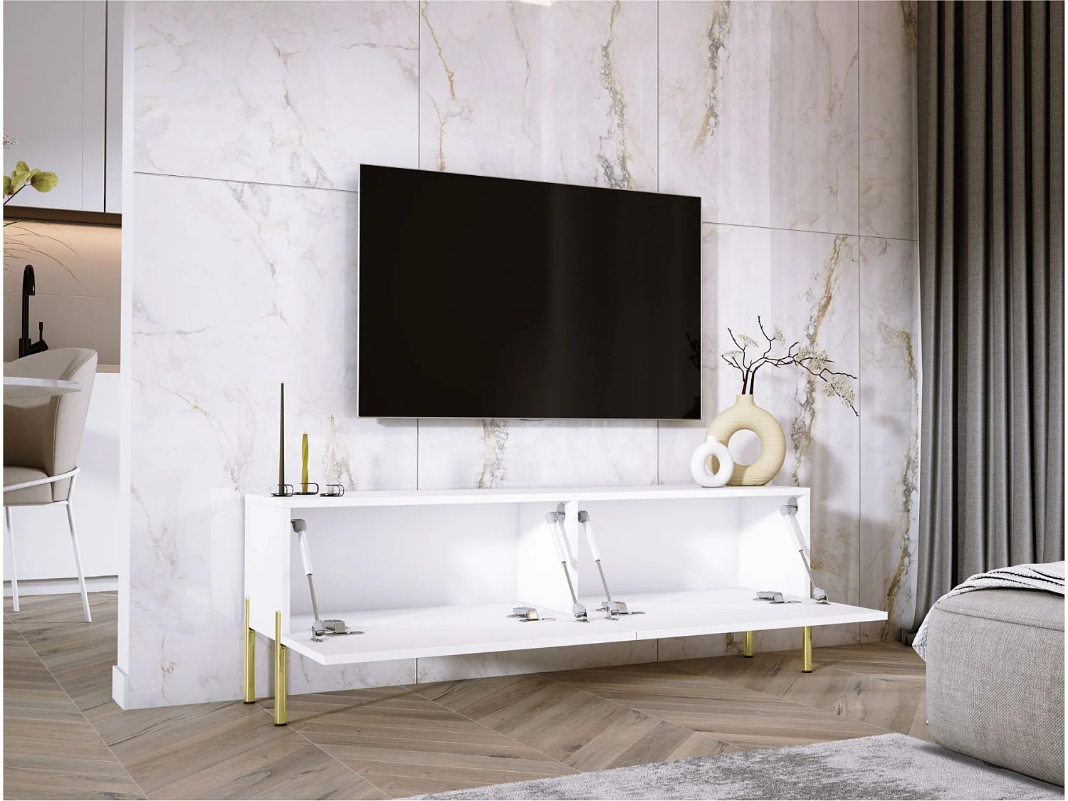 Szafka RTV: Biały Matowy / Biały Błyszczący, złote nogi, 140 x 52 x 32 cm