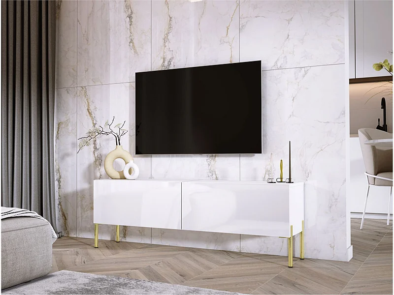 Móvel TV: Branco Mate / Branco Brilhante, pés dourados, 140 x 52 x 32 cm