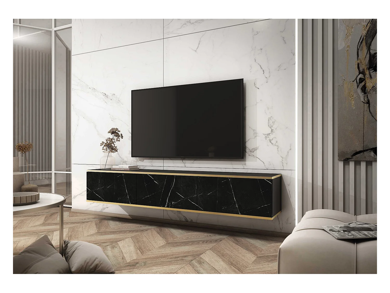 TV-meubel, matzwart/koningszwart marmer, 175 x 30 x 32 cm, Push-to-Open