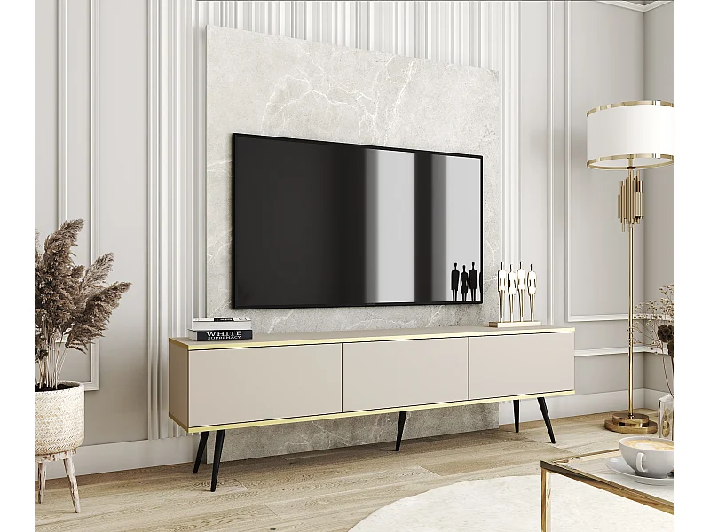 Meuble TV, Beige, pieds Noir, 175 x 30 x 52 cm, Push to Open