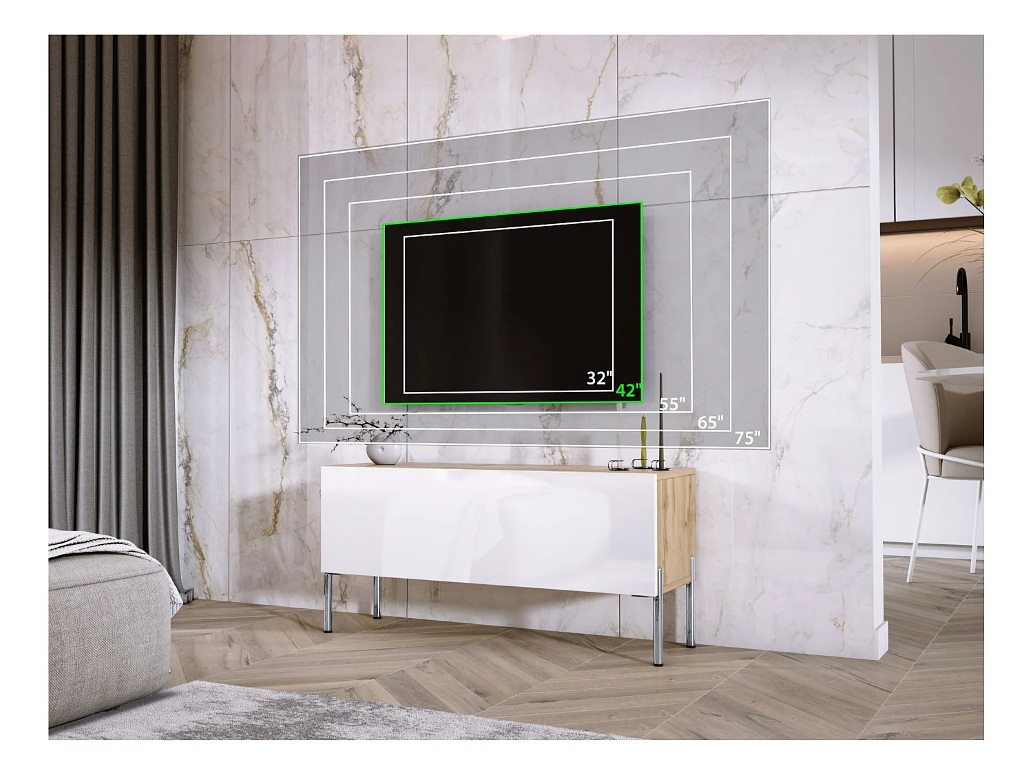 Meuble TV Chêne Wotan / Blanc Brillant, pieds En Chrome, 100 x 52 x 32 cm