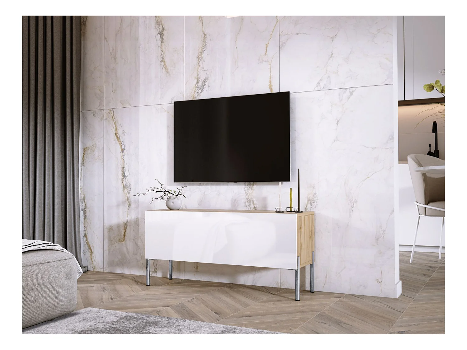 Wotan TV-Bank aus Eiche / glänzendes Weiß, verchromte Beine, 100 x 52 x 32 cm