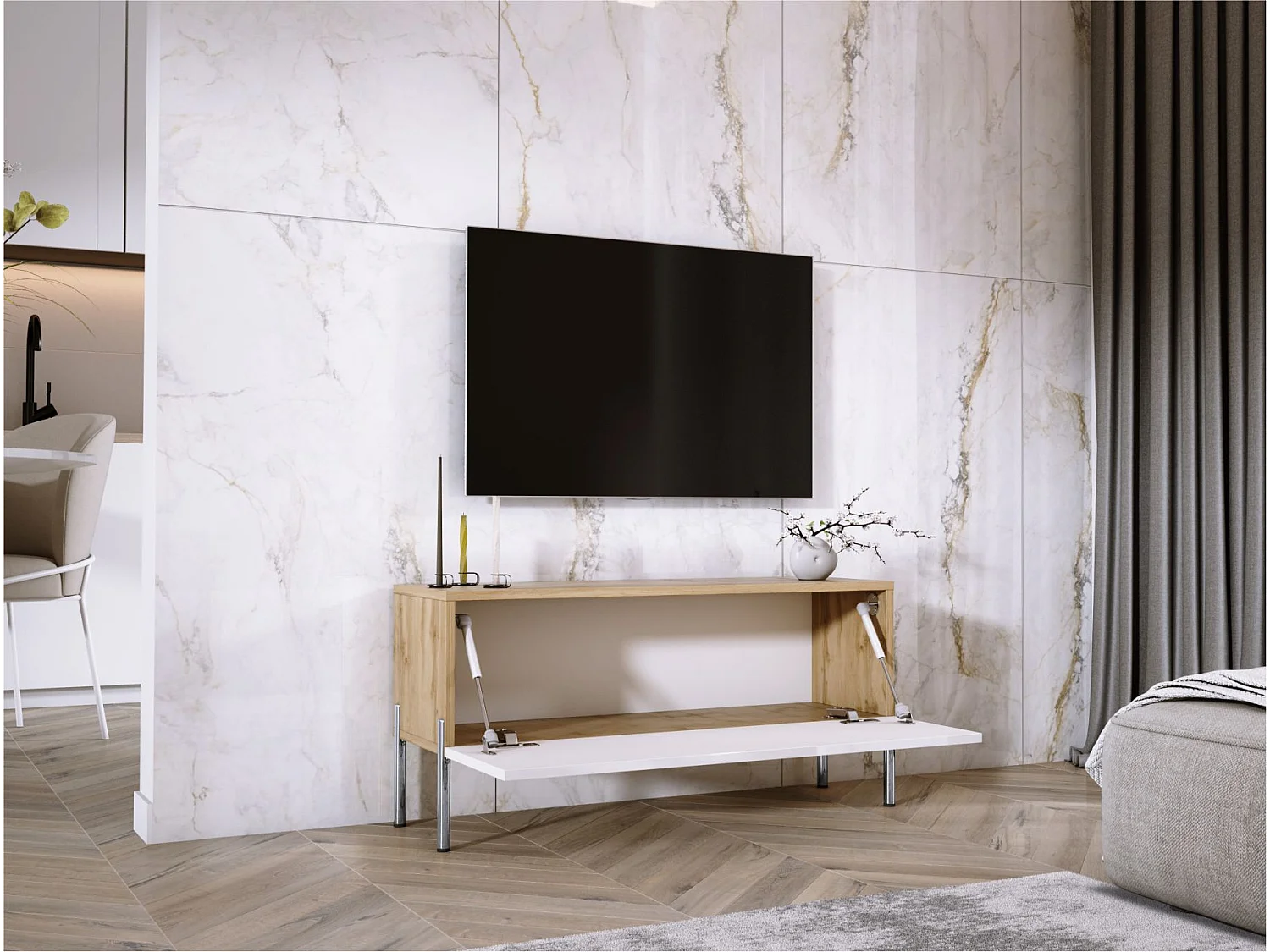 Meuble TV Chêne Wotan / Blanc Brillant, pieds En Chrome, 100 x 52 x 32 cm