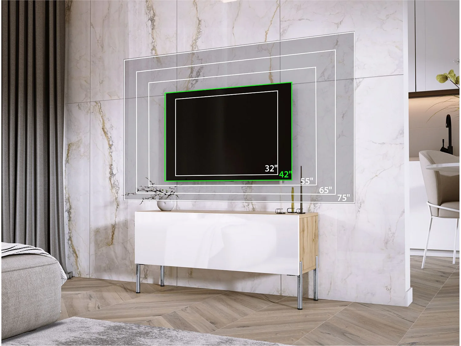 Meuble TV Chêne Wotan / Blanc Brillant, pieds En Chrome, 100 x 52 x 32 cm