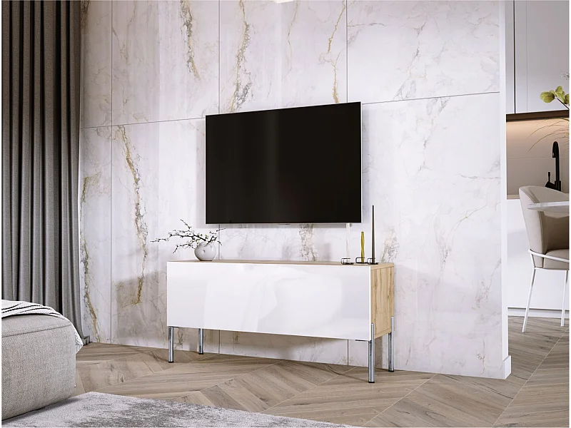 Wotan Mueble TV de Roble/Blanco Brillo, Patas cromadas, 100 x 52 x 32 cm