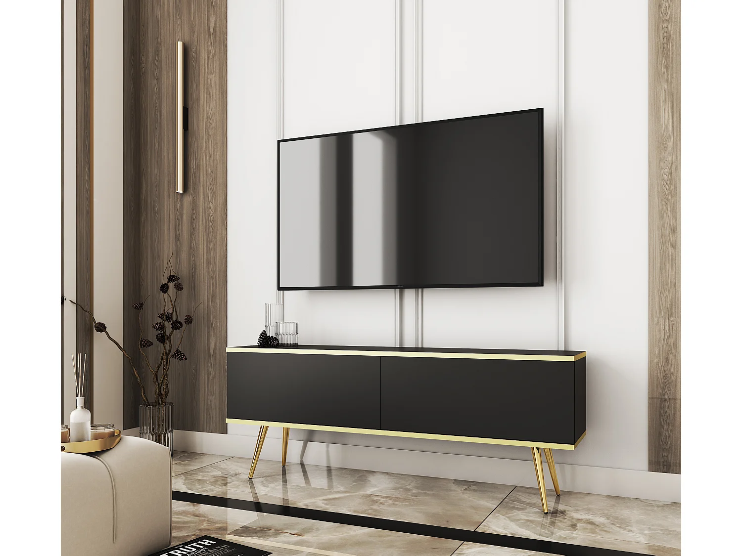 Meuble TV, Noir, pieds Or, 135 x 30 x 52 cm, Push to Open