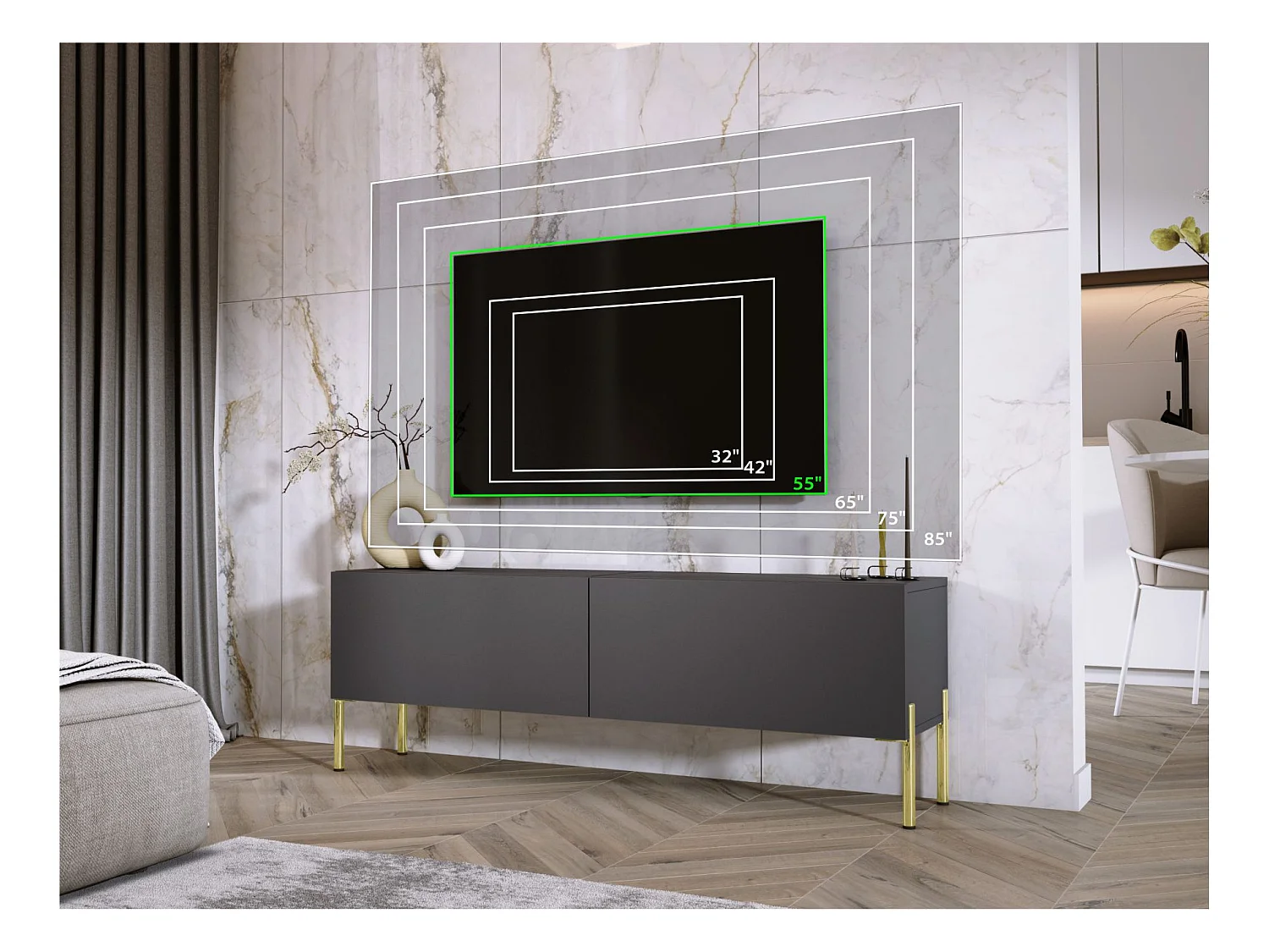 TV-Schrank: Anthrazit, goldene Beine, 140 x 52 x 32 cm