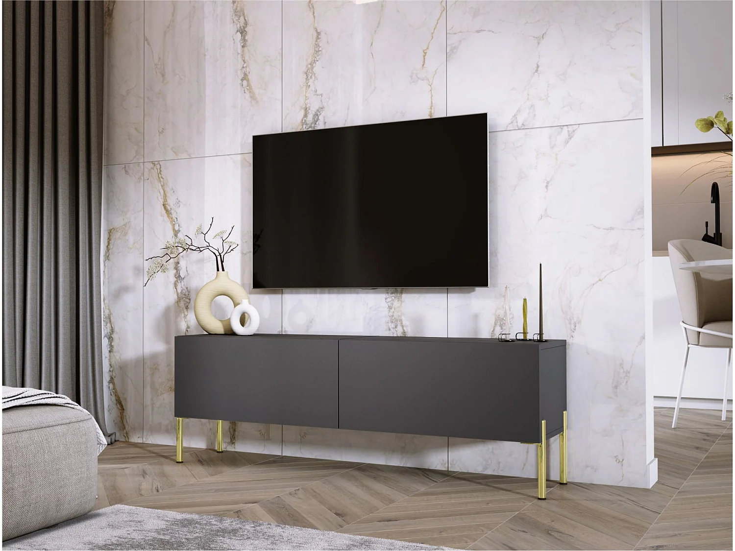 TV-Schrank: Anthrazit, goldene Beine, 140 x 52 x 32 cm