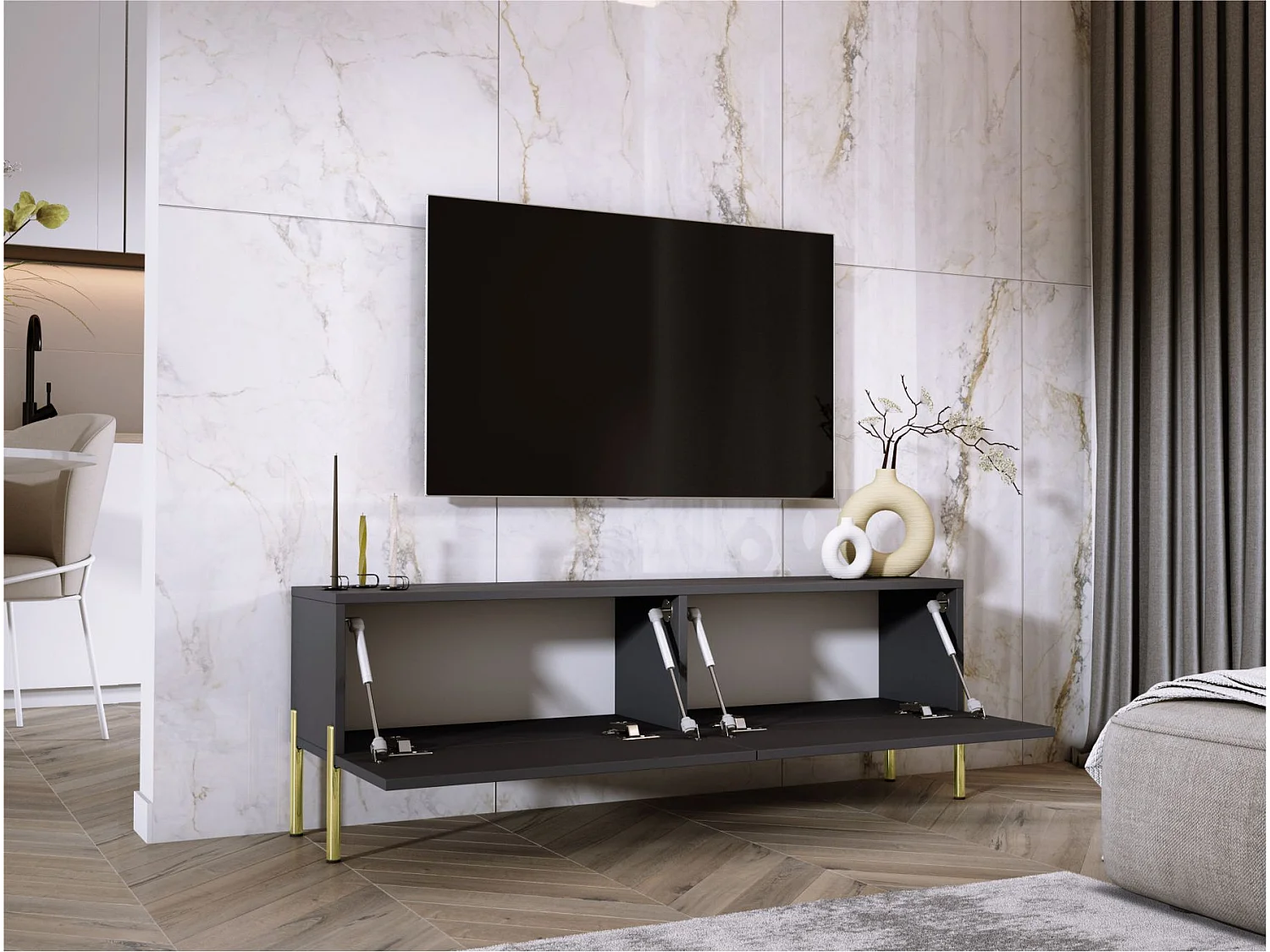 TV-Schrank: Anthrazit, goldene Beine, 140 x 52 x 32 cm