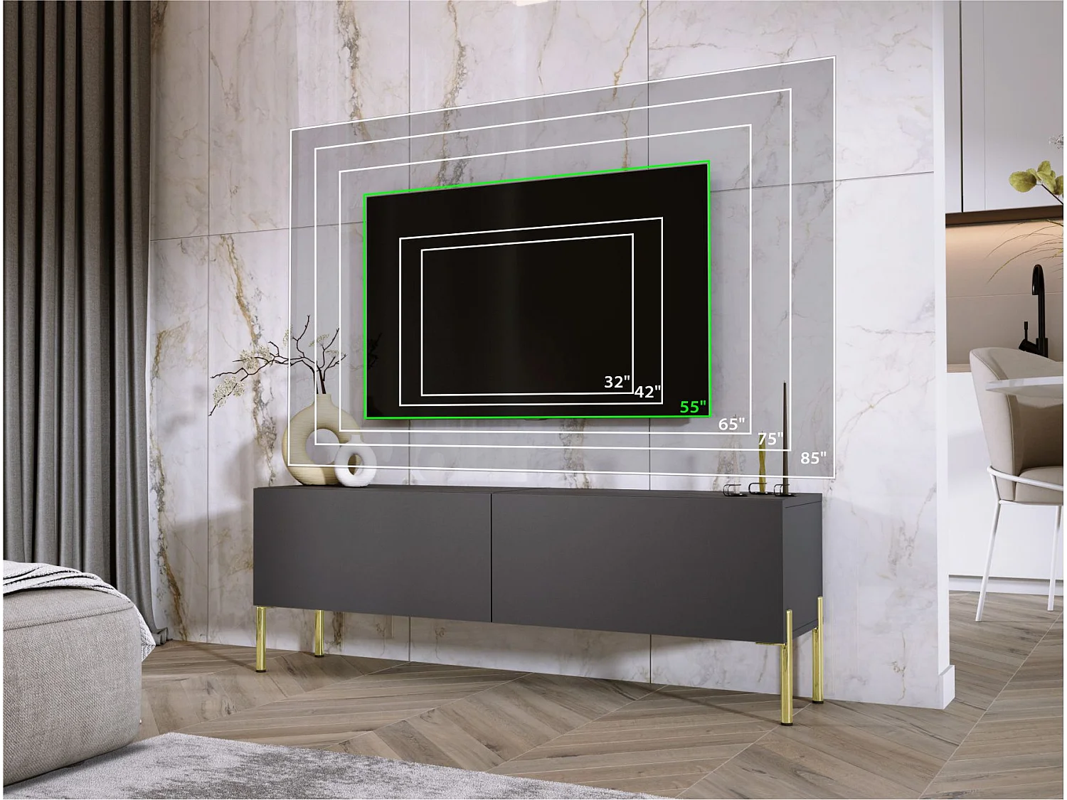 TV-Schrank: Anthrazit, goldene Beine, 140 x 52 x 32 cm