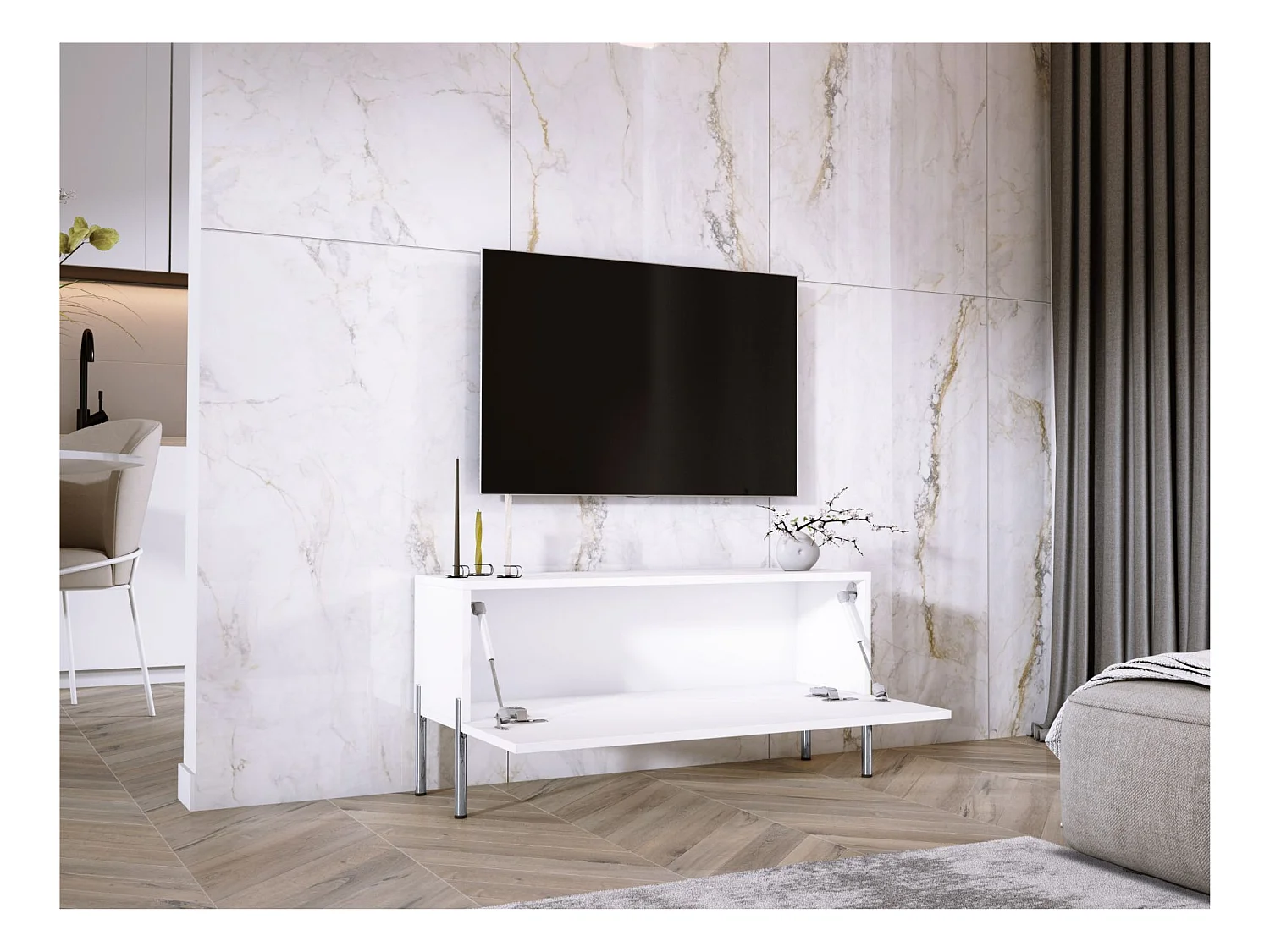 Matwit/glanzendwit tv-meubel, chromen poten, 100 x 52 x 32 cm