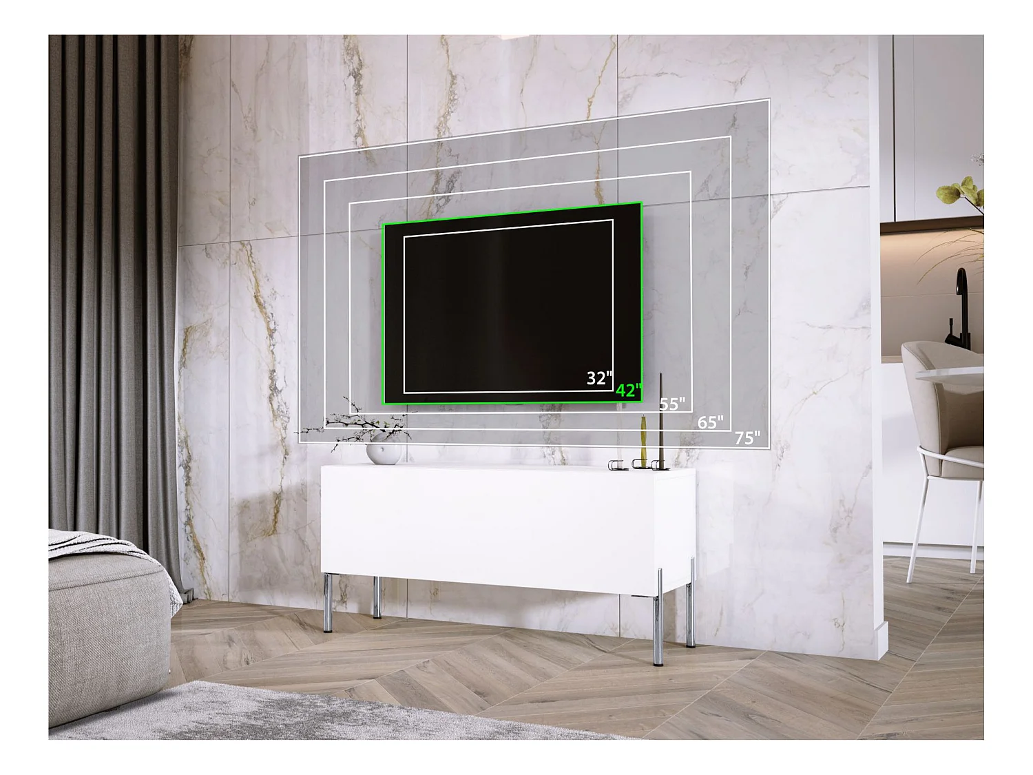 Matwit/glanzendwit tv-meubel, chromen poten, 100 x 52 x 32 cm