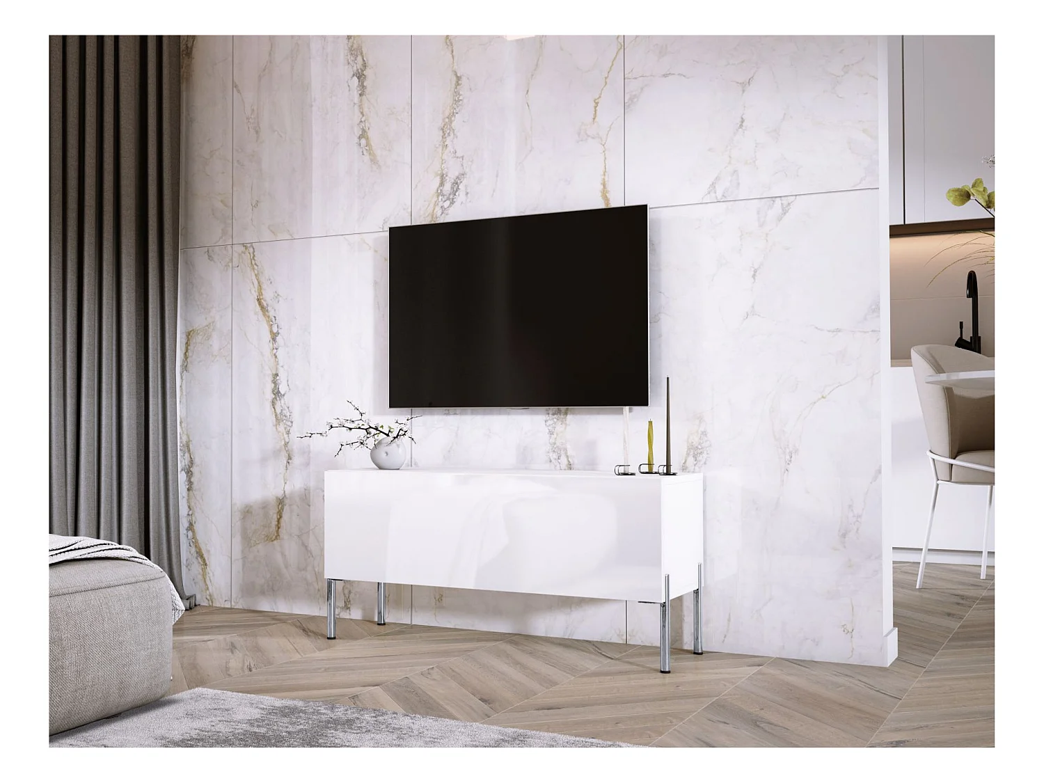 Meuble TV Blanc Mat / Blanc Brillant, pieds Chrome, 100 x 52 x 32 Cm