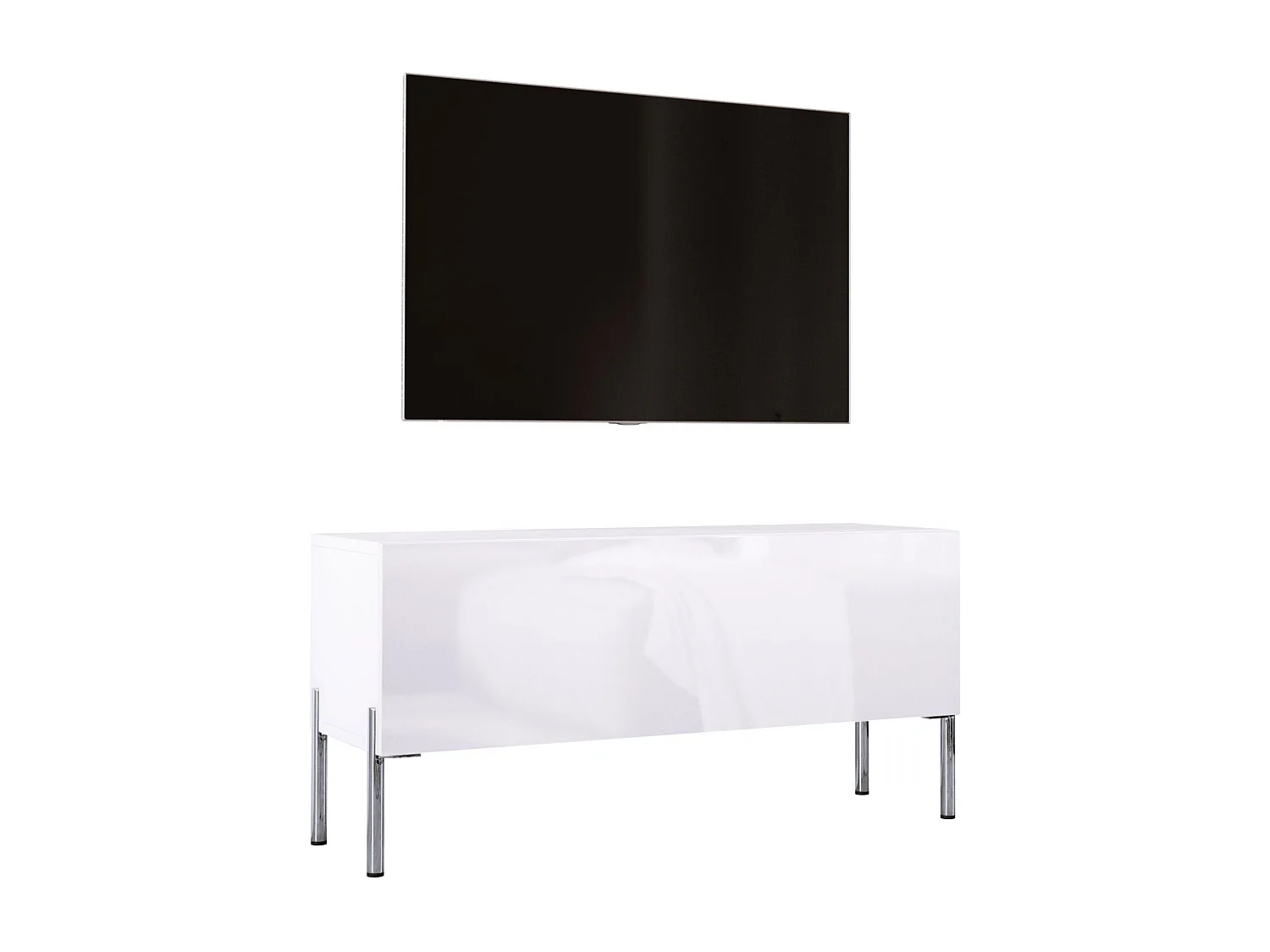 Meuble TV Blanc Mat / Blanc Brillant, pieds Chrome, 100 x 52 x 32 Cm