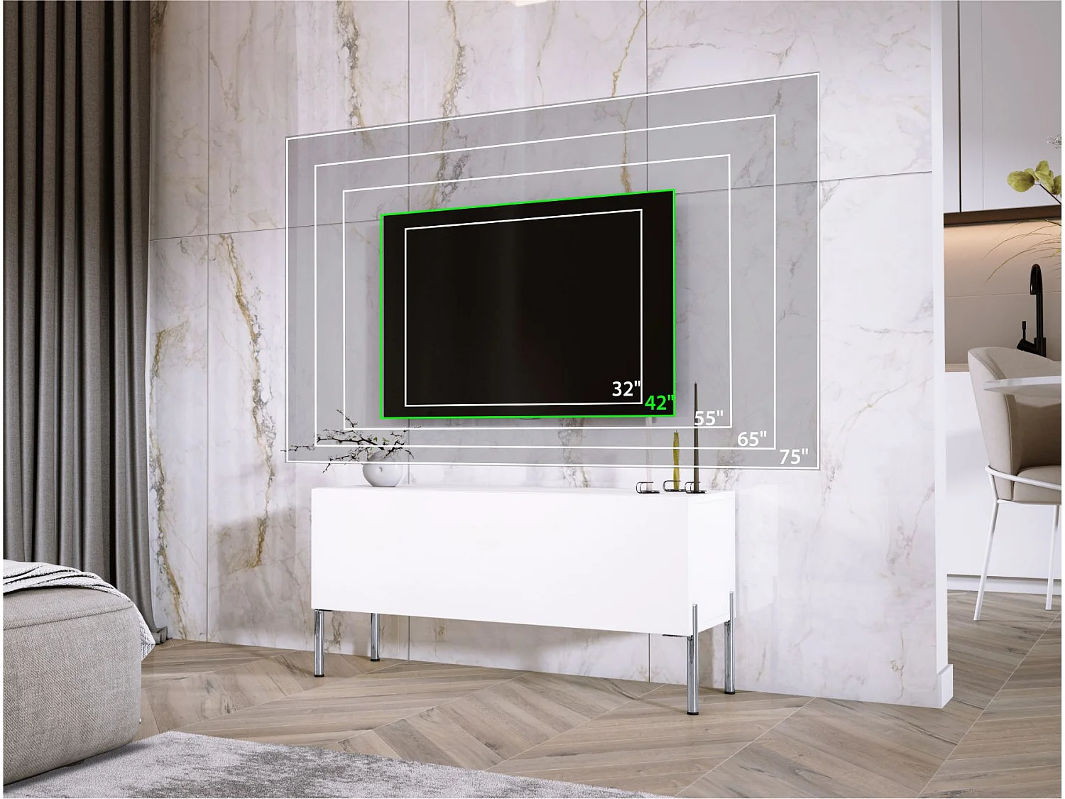 Meuble TV Blanc Mat / Blanc Brillant, pieds Chrome, 100 x 52 x 32 Cm