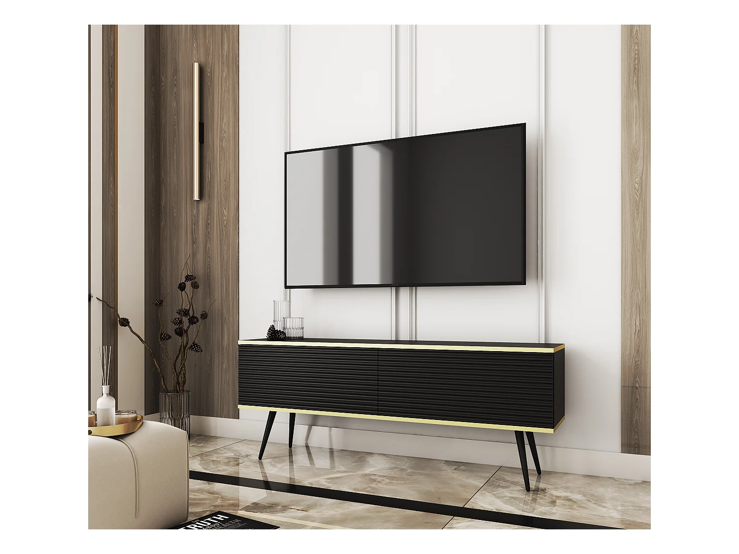 Móvel de TV com ripas pretas, pés pretos, 135 x 30 x 52 cm, empurrar para abrir