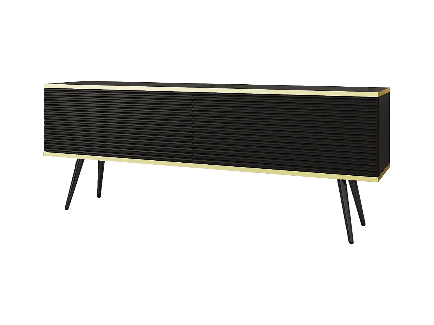 Móvel de TV com ripas pretas, pés pretos, 135 x 30 x 52 cm, empurrar para abrir