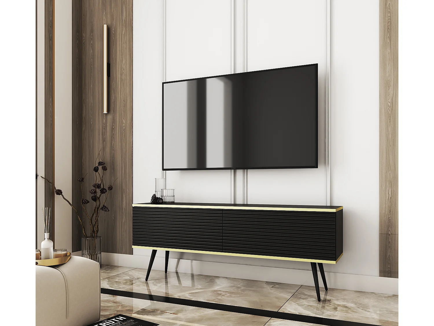 Meuble TV Avec Lamelles Noir, pieds Noir, 135 x 30 x 52 cm, Push to Open