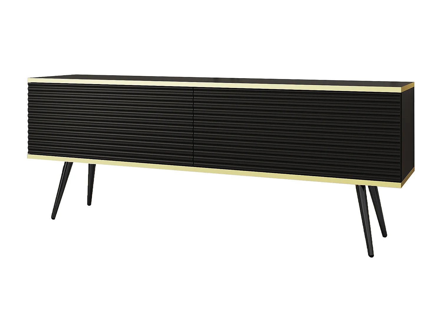 Meuble TV Avec Lamelles Noir, pieds Noir, 135 x 30 x 52 cm, Push to Open