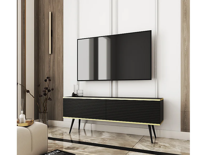 TV-Einheit mit schwarzen Lamellen, schwarzen Füßen, 135 x 30 x 52 cm, Push-to-Open