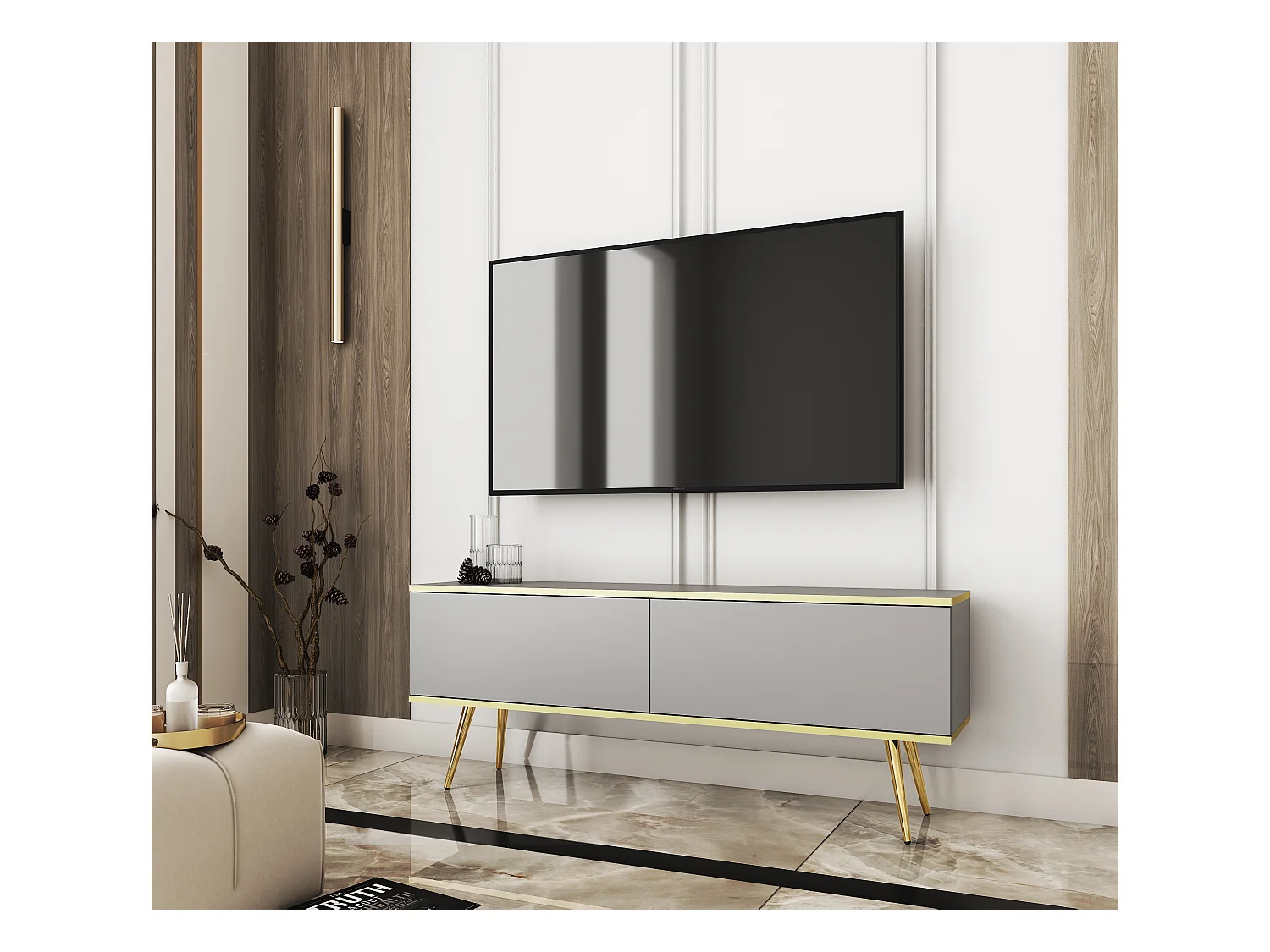 TV-Schrank, Grau, goldene Beine, 135 x 30 x 32 cm, Push-to-Open