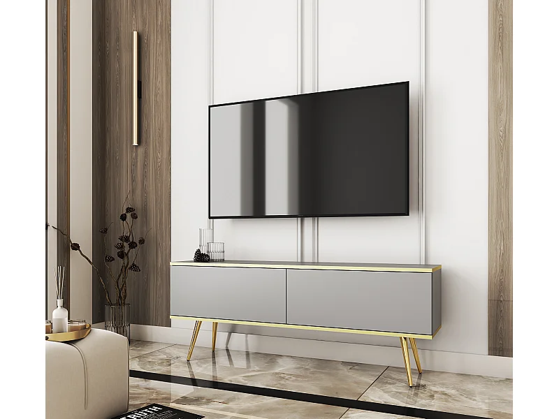 TV-Schrank, Grau, goldene Beine, 135 x 30 x 32 cm, Push-to-Open