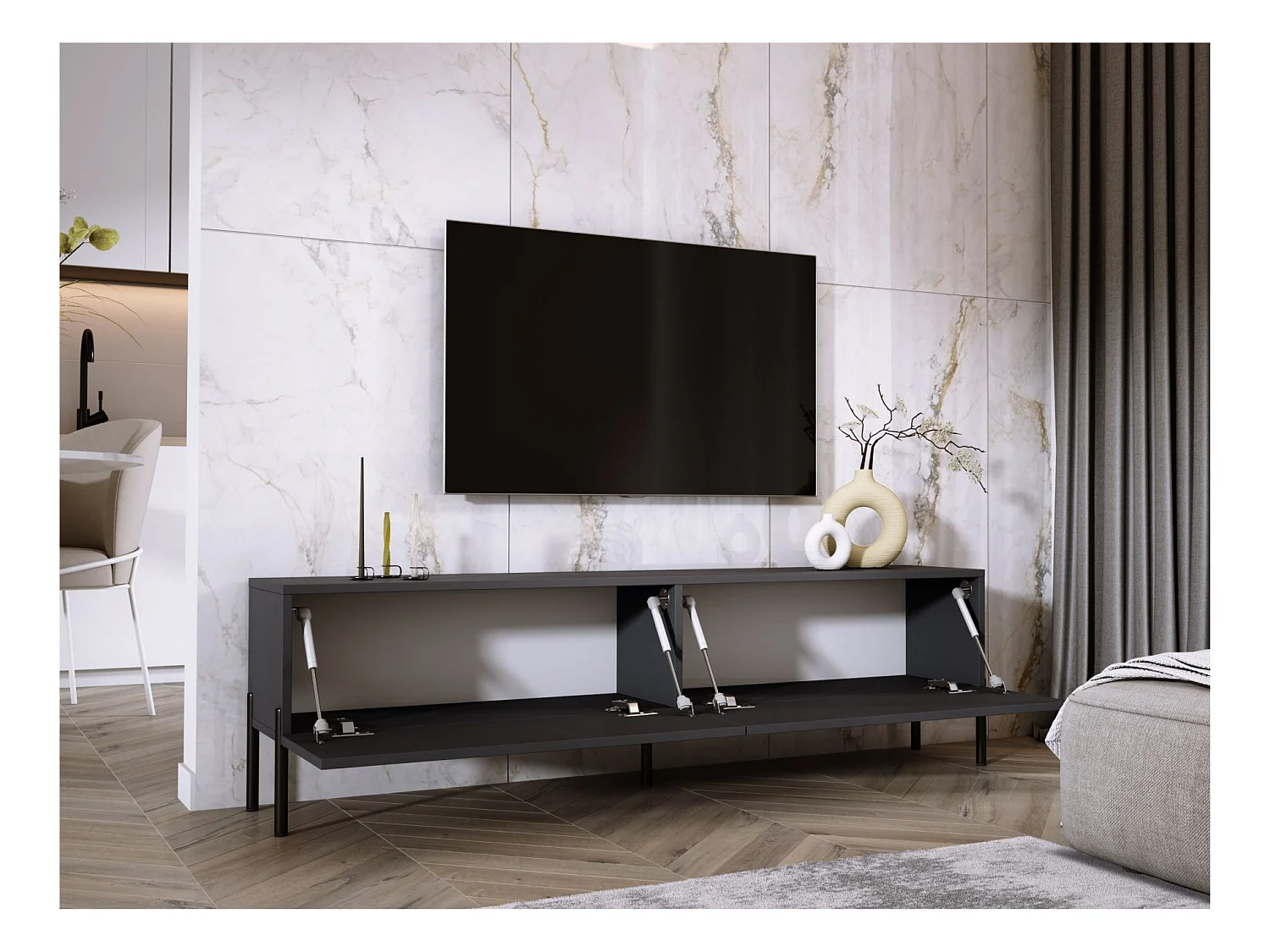 TV-Schrank: Anthrazit, schwarze Beine, 170 x 52 x 32 cm