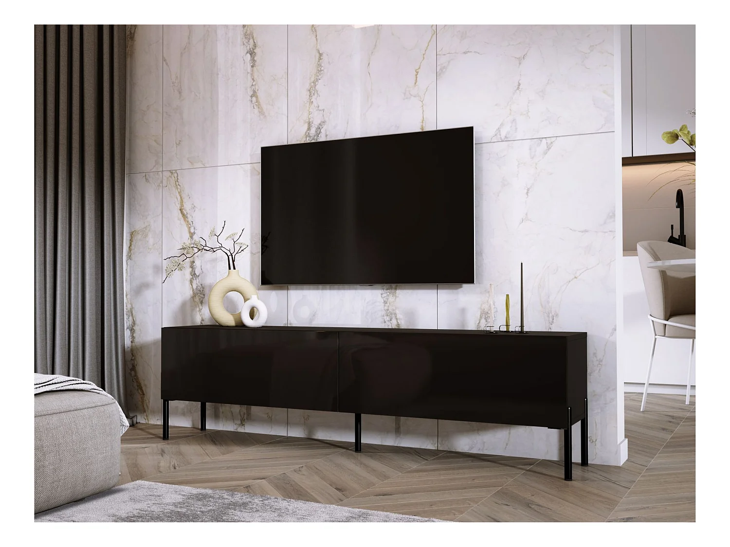 TV-Schrank: Mattschwarz, schwarze Beine, 170 x 52 x 32 cm