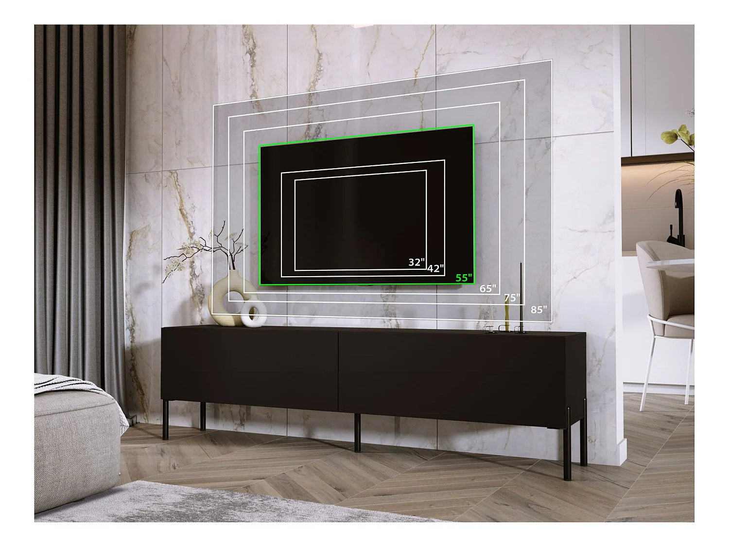 TV-Schrank: Mattschwarz, schwarze Beine, 170 x 52 x 32 cm