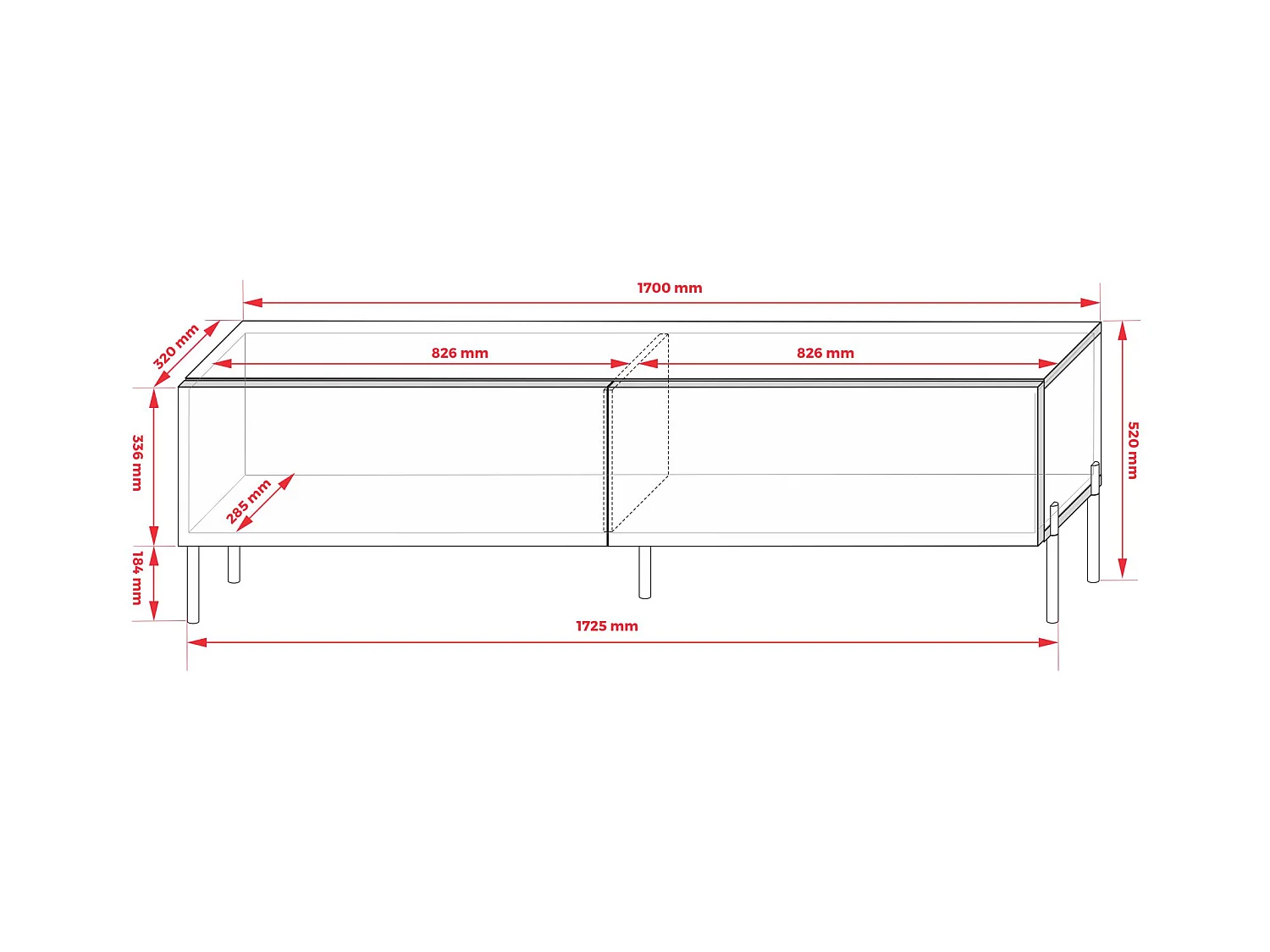 TV-Schrank: Mattschwarz, schwarze Beine, 170 x 52 x 32 cm