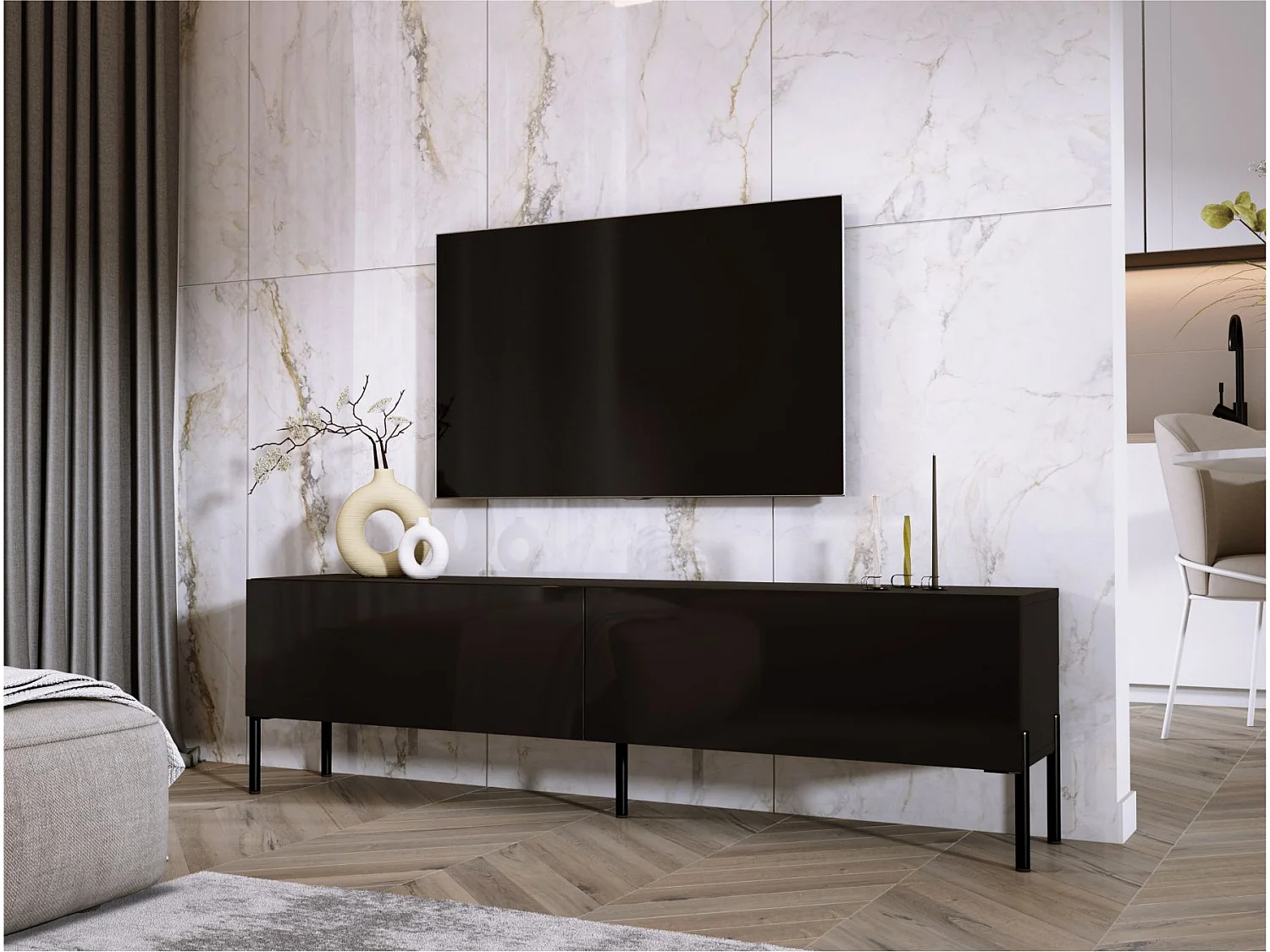Meuble TV : Noir Mat, pieds noires, 170 x 52 x 32 cm