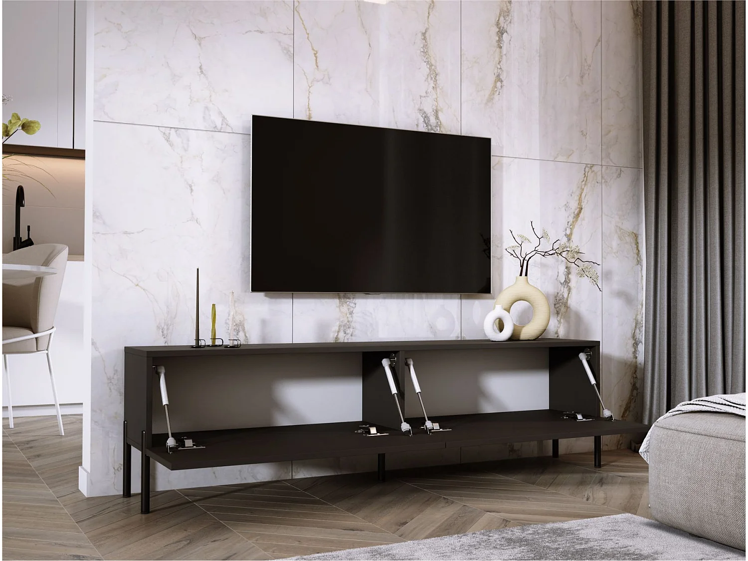 Meuble TV : Noir Mat, pieds noires, 170 x 52 x 32 cm