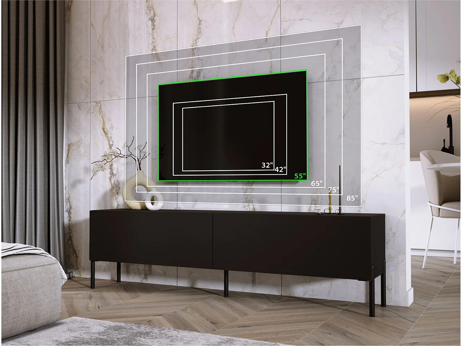 Meuble TV : Noir Mat, pieds noires, 170 x 52 x 32 cm